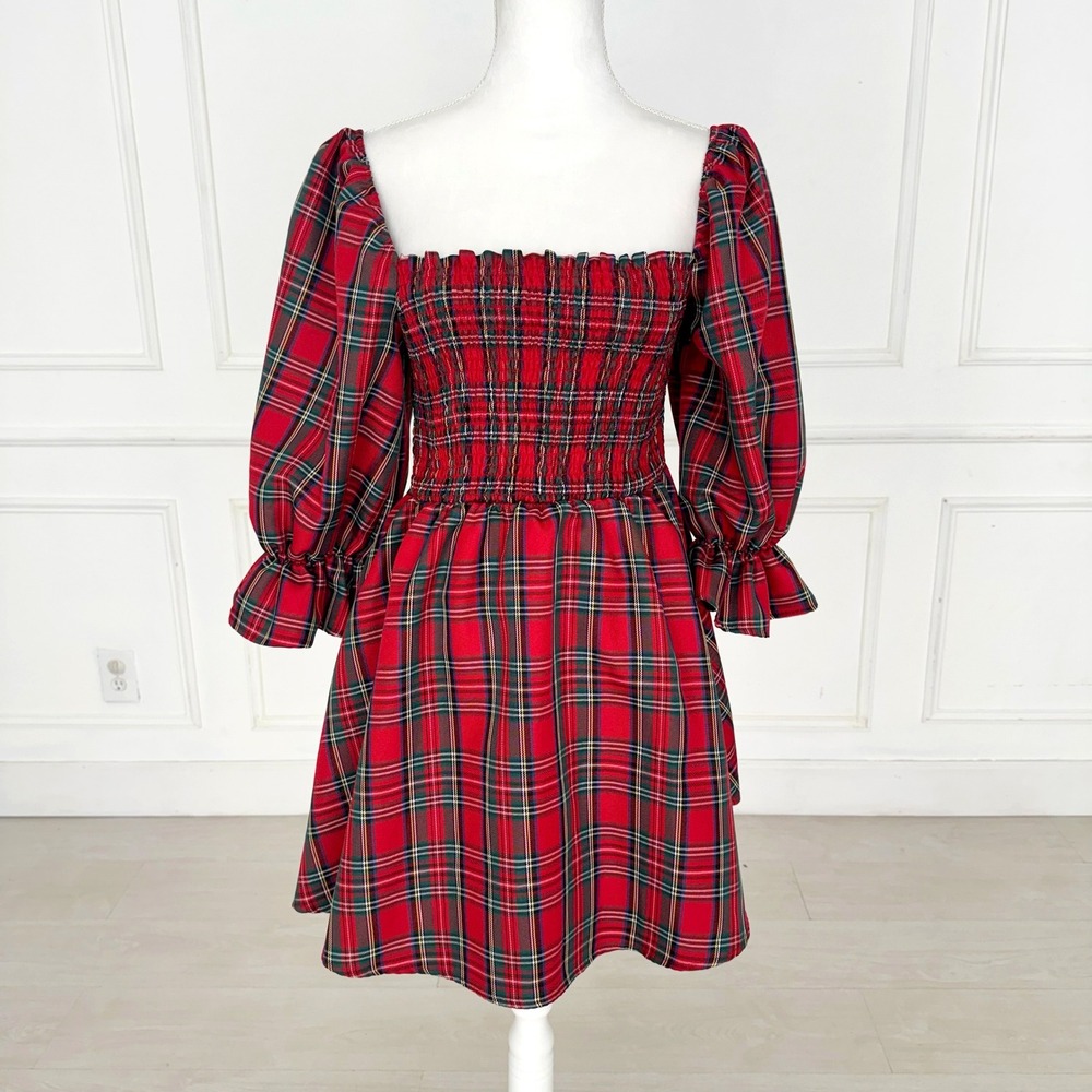 Francesca's Plaid Mini Dress Women Small Red Smocked Puff Sleeve‎ Holiday Tartan
